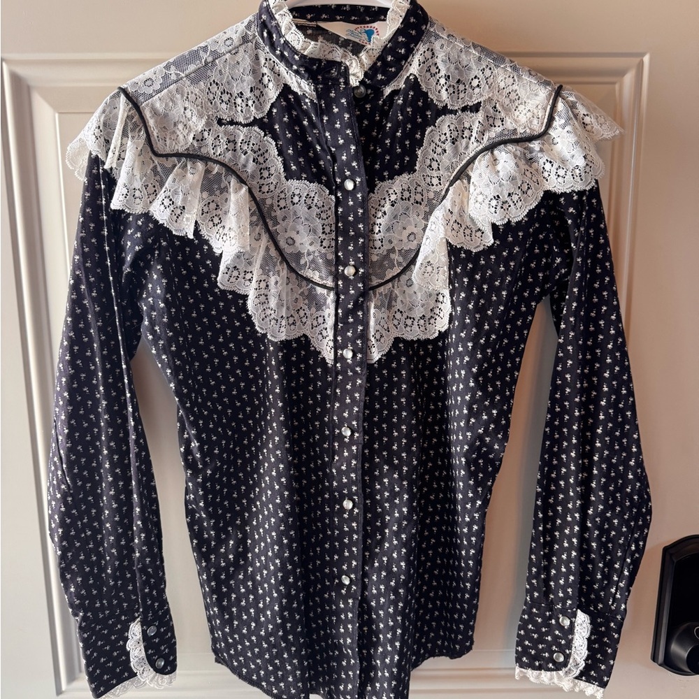 Vintage Miss Rodeo America Black and White Lace Button Down Shirt